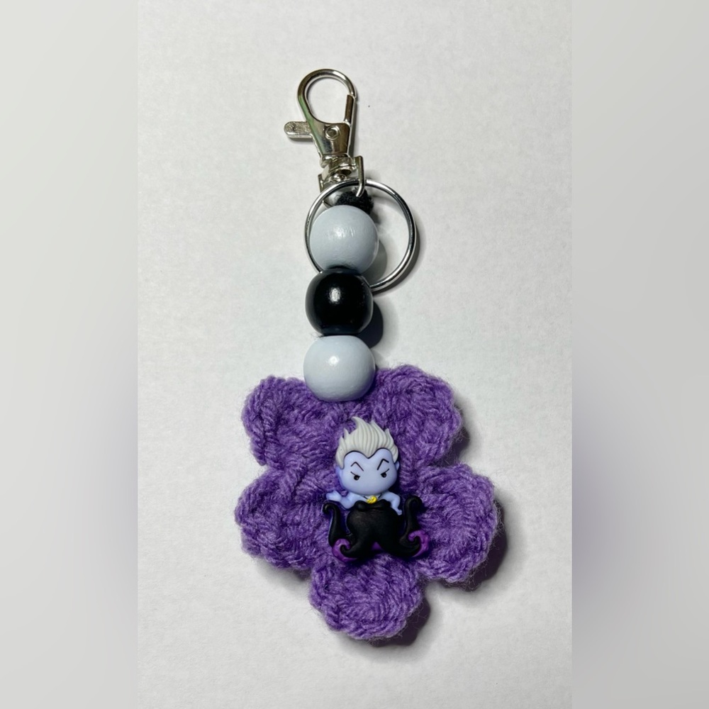 Handmade Ursula Charm Keychain Purple Flower Blue Wood Beads Silver Clasp